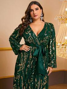 YISIKADO Plus Size Women Sequin Cross V-Neck Long Sleeve Evening Gown - Màu xanh lá cây đậm - Xem 6
