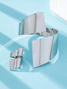 Bộ trang sức bạc hình học gồm vòng tay, lắc tay và nhẫn, bộ lắc tay và nhẫn đồng bộ, bộ vòng tay và nhẫn dày dặn tối giản, dành cho nữ. - Bạc - Xem 5