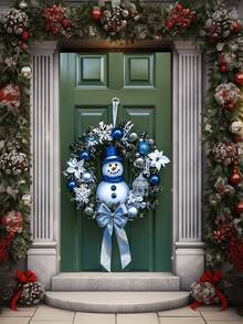 1 Stück blau-weiße Schneemann & Schneeflocke Weihnachtskranz, festlicher Weihnachtsstil künstlicher Grünkranz mit blauer Ornamentkugel & Schleifen-Detail, Türkranz Dekoration für Weihnachten Zuhause, Feiertags-Party Ornament, Winter Saison Dekoration