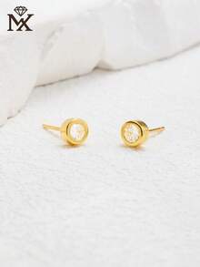 1 Pair 925 Sterling Silver Minimalist Round Cubic Zirconia Stud Earrings, Suitable For Daily Wear