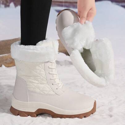 Women's Mid-Calf Outdoor Lace-Up Fur Lined Warm Snow Boots With Anti-Slip Sole, Winter