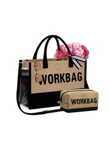 四件套“工作包”字母图案亚麻手提袋套装，包括手提包、化妆包、方形包、可重复使用的购物袋和化妆包、钱包、节日礼品袋，大容量，配有可调节肩带和侧袋，适合度假旅行（卡其色）、日常通勤，是送给家人和朋友的节日和生日礼物，也是圣诞节的理想之选。 - 彩色 - 查看 11