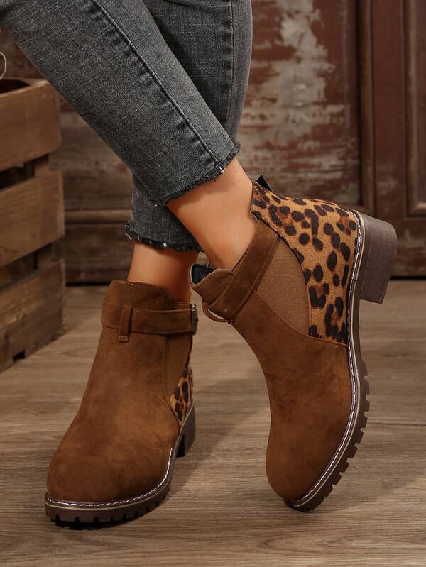 Leopard Print Ankle Boots, Casual Slip-On Elastic Round Toe Boots For Women, Suitable For Beach, Party, Spring & Autumn