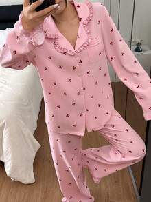 Dreamivo Conjunto de pijama de manga larga con estampado de cerezas y volantes para mujer - Rosa - Ver 6