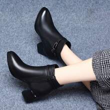 2025秋冬新款圆头踝靴，女士粗跟中跟靴，软底麂皮镶钻修身靴，百搭靴款 - 黑色 - 查看 9