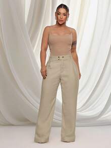 Women's High Waisted Elastic Waist Wide Leg Pants With Pockets Elegant Formal Wear - Màu be - Xem 6