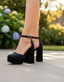 Zapatillas altas para mujer, tacón alto ancho, cerradas, con correa tobillo, punta redonda, para eventos, fiestas, bodas, cómodas, hebilla redonda. Primavera-Verano - Negro - Ver 8