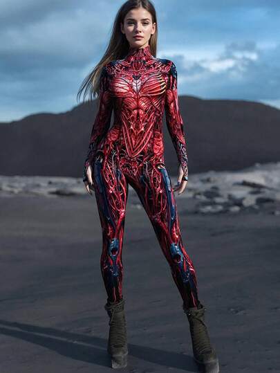 Women's Sexy Bodycon Party Jumpsuit - Tight Fit, Printed, Performance, Holiday, Printed, Long Sleeve, Glow-In-The-Dark Party Stage Costume, Robot Bodysuit, Holiday Costume, Halloween, Women's Carnival Costume, Women's Cosplay Costume