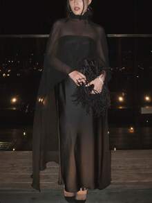 Chiffon Cape For Women Sheer Mesh Shawl Wraps Asymmetrical Flowy Capelets For Evening Dress Crop Cover Up Poncho With High Waisted Pants - màu đen - Xem 2