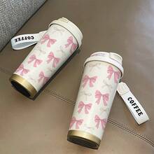 [1-Pack] 350ml Stainless Steel Insulated Coffee Cup, Pink Bow Pattern Print, Sweet Style, Daily Drinking Cup, Easy To Carry When Traveling, Suitable For Personal Use Or As A Gift, Holiday Gift, Christmas Gift, Meet Daily Use Needs - Multicolor - View 2
