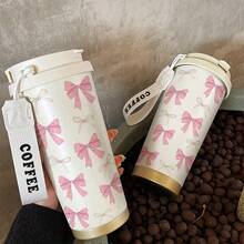 [1-Pack] 350ml Stainless Steel Insulated Coffee Cup, Pink Bow Pattern Print, Sweet Style, Daily Drinking Cup, Easy To Carry When Traveling, Suitable For Personal Use Or As A Gift, Holiday Gift, Christmas Gift, Meet Daily Use Needs - Multicolor - View 6
