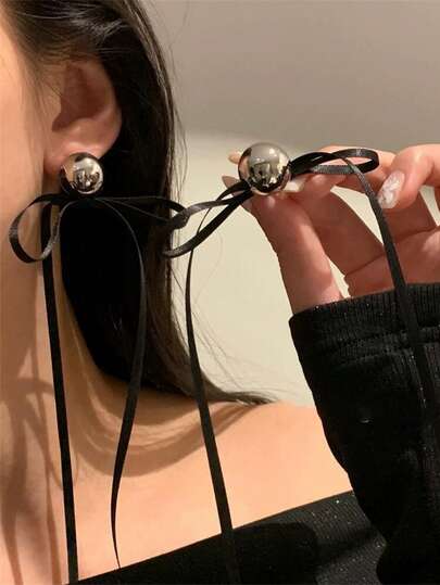 Elegant Ballet Style Extra Long Black Bow Tassel Earrings, Unique Personalized Design Ribbon Earrings For Women