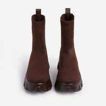 Womens Warm Boots Knit Sock Ankle Boots With Woven Detailing Block Heel For Winter Outdoor Shoes - Cà phê nâu - Xem 5