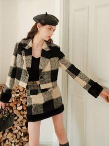 Women's Plaid Patchwork Fuzzy Elegant Short Skirt, Autumn/Winter - Black - View 4