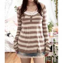 Women Babydoll Sweater Y2k Square Neck Button Front Stripe Knitted Long Sleeve Peplum Tops Fairy Grunge Flowy Tunic Tops - Màu be - Xem 2