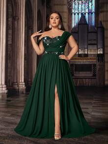 Plus Size Elegant Solid Color Chiffon Sequin Patchwork Strapless Slit Maxi Dress - Dark Green - View 3