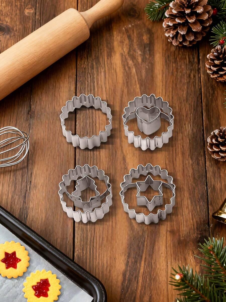 1 套 4 件套不锈钢饼干/曲奇模具 - 波浪形、心形、圣诞树形、星形、厨房烘焙工具，适用于面包店、情人节、生日、婚礼、万圣节、圣诞派对装饰和礼物、圣诞装饰、送给家人和朋友的绝佳礼物、圣诞派对纪念品、节日派对用品