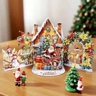 1/3 piezas Tarjetas de felicitación navideñas y de Año Nuevo vintage en 3D con sobres - Diseño de casa en 3D con Papá Noel y tejado nevado, sin necesidad de electricidad, invitaciones de fiesta de papel y decoración de mesa festiva, para reuniones familiares - Tarjetas de felicitación festivas con texto "Feliz Navidad" y paisaje nevado, impresión de alta calidad, artesanía delicada