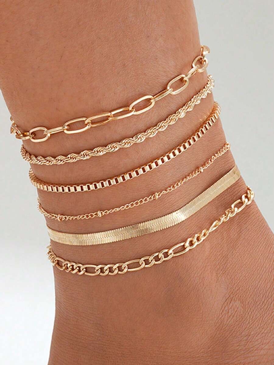 1 Set de Tobilleras de Cadena Dorada Vintage de Moda Creativa y Sencilla para Mujer, Set de 6 piezas