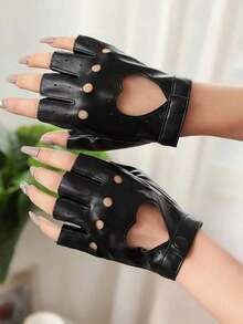 1 Pair Women's Personalized Fashion Holiday Dark Punk Rock Fingerless Gloves With Rivets Leather Inlays For Outdoor Music Festival Party - 黑色 - 查看 7
