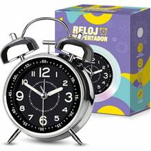 Reloj Despertador Analgico Retro Noctilucente, Campana Doble Vintage, Non - Ticking Silencioso, Retroiluminacin - Regalo De Navidad Negro - Negro + 4,65 pulgadas - Ver 2