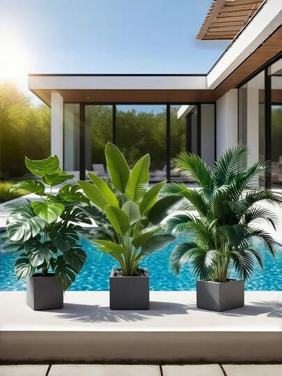 Un conjunto de 3 piezas de plantas verdes artificiales grandes para exteriores, con hojas verdes realistas que permanecen verdes todo el año. Adecuado para decoración del hogar, patios, hoteles, jardines, terrazas, decoración de bodas, Día de la Madre, Pascua, Día de San Patricio - Colocación en el suelo para decoración de primavera y verano - Uso multifuncional tanto en interiores como en exteriores