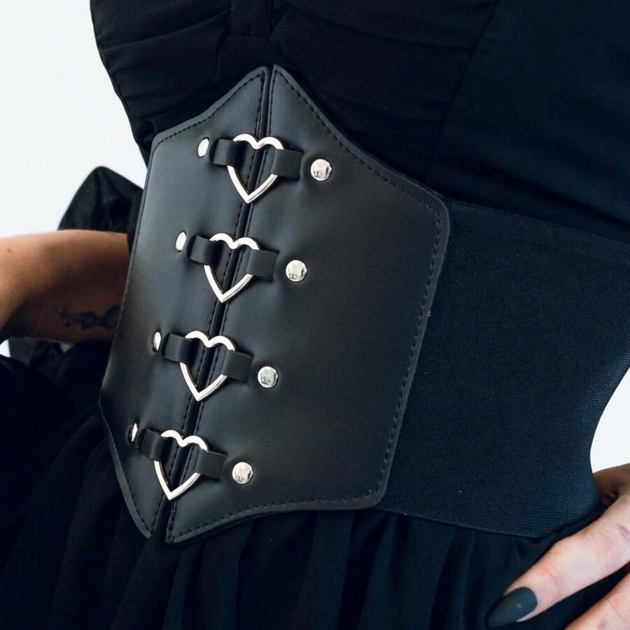 Women's Gothic Style Cute Adjustable Heart Shaper Corset Belt Synthetic Leather - màu đen - Xem 1