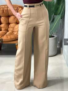 Women's Wide Leg Tailored Pants, High Waist, Elegant, Formal, Party, Flare - Màu be - Xem 4