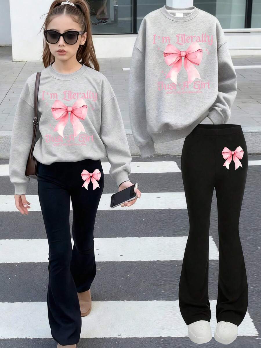 2 件青少年女孩柔软可爱标语蝴蝶结印花长袖连帽衫套装，青少年时尚露营旅行，夏秋季 - 灰色 - 查看 1