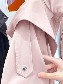 1pc Solid Color Woven Fabric Drawstring Pocket Front Button Trench Coat, Casual Spring/Autumn Pink - Pink - View 5