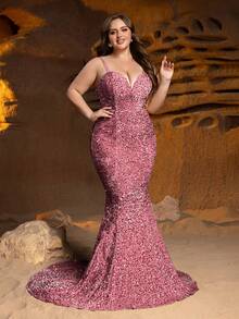 优雅大码女士正式晚礼服，细肩带和美人鱼裙，闪亮装饰点缀 - 非常适合盛大婚礼、高端慈善晚会、著名颁奖典礼、豪华生日宴会和红毯活动 - 藕粉色 - 查看 6