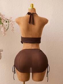 Bộ bikini gợi cảm mới dành cho nữ: Áo hai dây hở lưng, áo buộc dây bên hông, chân váy ngắn buộc dây bên hông, đồ bơi mùa hè. - màu nâu - Xem 7