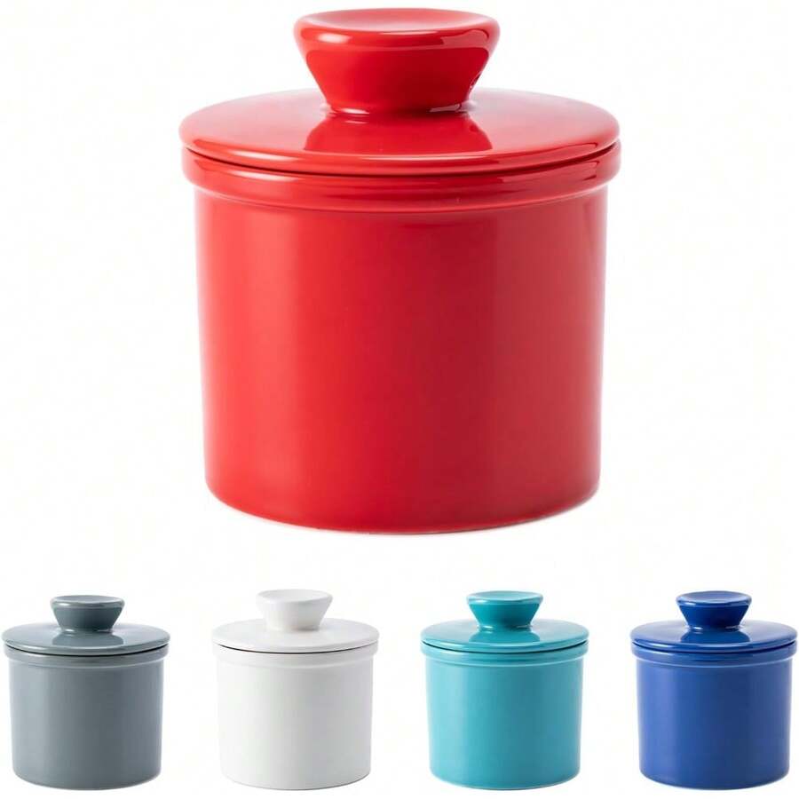Butter Crock With Water Line For Countertop, French Dish With Lid, Ceramic Keeper For Fresh Spreadable Butter, Container Holder For Kitchen And Home Decor, White - 紅色 - 查看 1