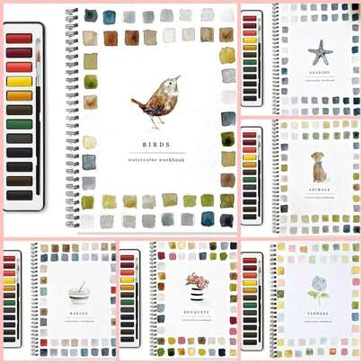 Watercolor Workbook, Lex Watercolor Workbook, Beginner-Friendly Birds Watercolor Workbooks, 12 Colors Watercolor Paint Set With Paint Brush,Mother's Day,Mom's Gift,Back To School,School Supplies