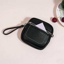 时尚真皮双拉链隔层卡包钥匙扣多功能迷你钱包男女通用零钱包迷你钱包腕包旅行钱包小钱包 - 黑色 - 查看 7