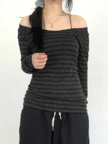 Off The Shoulder Tops For Women Striped Long Sleeve Shirts Going Out Top Y2k Fall Clothes - 灰色 - 查看 3