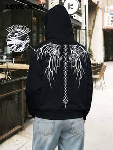 LOVE JOYY Women Skeleton Wing Rhinestone Embellished Sweatshirt, Street Fashion Style - Black - View 2