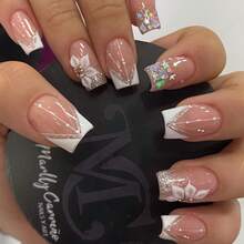 24pcs Geometric V-French Fake Nails, Nude Pink Base With 3D Acrylic Flower, Chunky Glitter & Pearl Detail, Glossy Square Press-On Nail Kit With Jelly Glue - 粉 - 查看 1