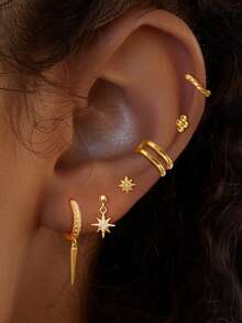 6 Pcs Lucky 24K Gold Plated Cubic Zirconia Stars Stud Earrings For Women Zirconia Drop Dangle Hoop Earrings Set