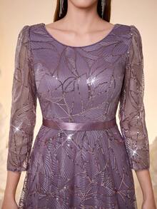 女士新款圆领亮片蕾丝腰带优雅A字晚礼服婚纱春季 - 淺灰紫 - 查看 6