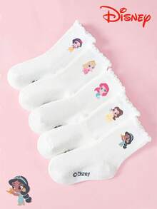 Disney 5双公主系列白色蕾丝边儿童短袜，整体风格可爱，适合甜美风格，卡通图案萌趣，时尚休闲透气学生袜，适合日常穿着、返校季、节日礼物