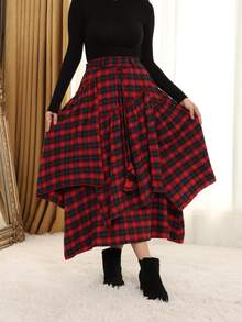 Scottish Style Women's Tartan Skirt - Elegant High Waist With Celtic FringeFlowyAsymmetrical Hem | Non-Stretch Fabric | All-Season Wear - Đỏ - Xem 3