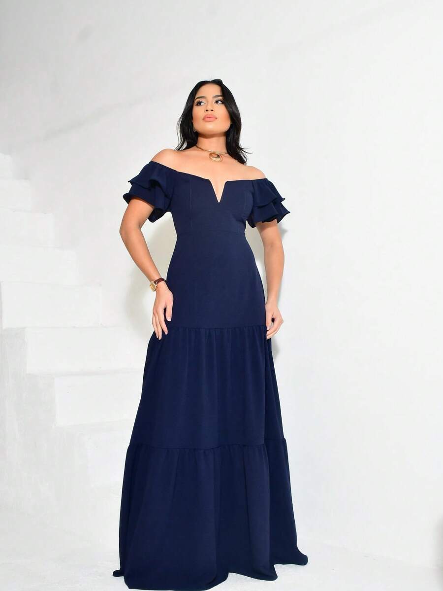 Long Off-The-Shoulder Dress With Ruffles, V-Neckline, Elegant, Charming Sleeves - Azul Marino - Ver 1