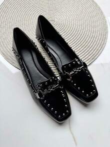 Moccasin Flats Women's Fashion Shoes Comfortable Black With Spikes Applications - 黑色 - 查看 2