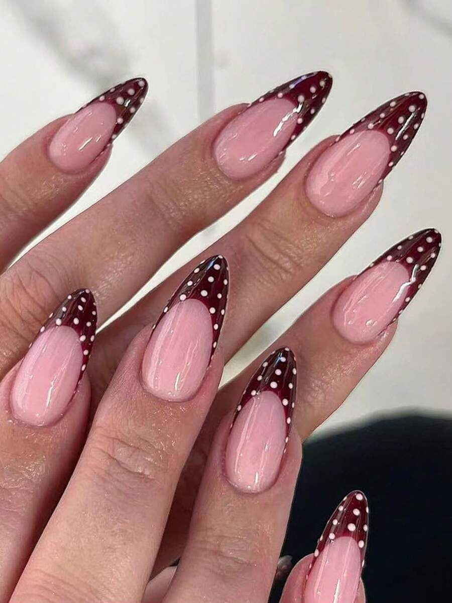 24片酒红色法式波点杏仁形柔软全覆盖式按压式人造指甲，适合派对、约会和日常佩戴的美甲用品 - 酒紅色 - 查看 1
