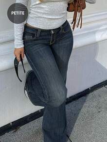 Retro Vintage Style American Hot Chick Low-Rise Sexy Look Simple Everyday Versatile Washed Solid Color Women's Pocket Jeans Long Pants - Dark Wash - View 5