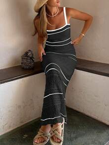 女士优雅柔软简约黑白条纹无袖修身针织长裙，休闲沙滩镂空紧身中长款钩针泳衣罩衫，春夏秋季 - 黑與白 - 查看 7