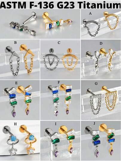 1 件 G23 钛金属耳钉彩虹色 CZ 吊坠链内螺纹垂饰唇钉软骨耳屏唇钉穿孔珠宝