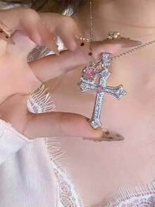 "1pc Rhinestone Cross Necklace With Pink Square Pendant, Fashionable Silver Jewelry For Women, Luxury Necklace For Daily Wear, Perfect For Dating, Parties & Festivals" - 銀色 - 查看 3