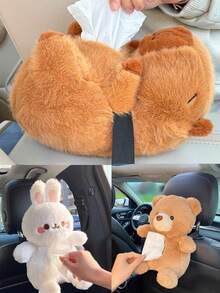 1pc Car Tissue Box Creative Plush Car Multi Functional Hanging Drawer Box Cartoon Armrest Box Car Tissue Drawer - one-size - View 3